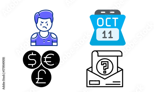 Four diverse icons: an angry person, a calendar, currency symbols, and a question mark on an envelope.