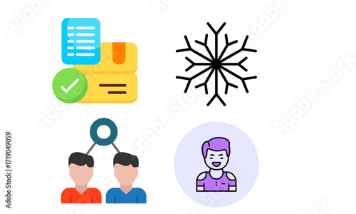 A collection of four distinct flat design icons: a checklist on boxes, a snowflake, two connected people, and a smiling person avatar.