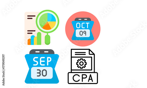 Business data analysis, calendar, and document icons.