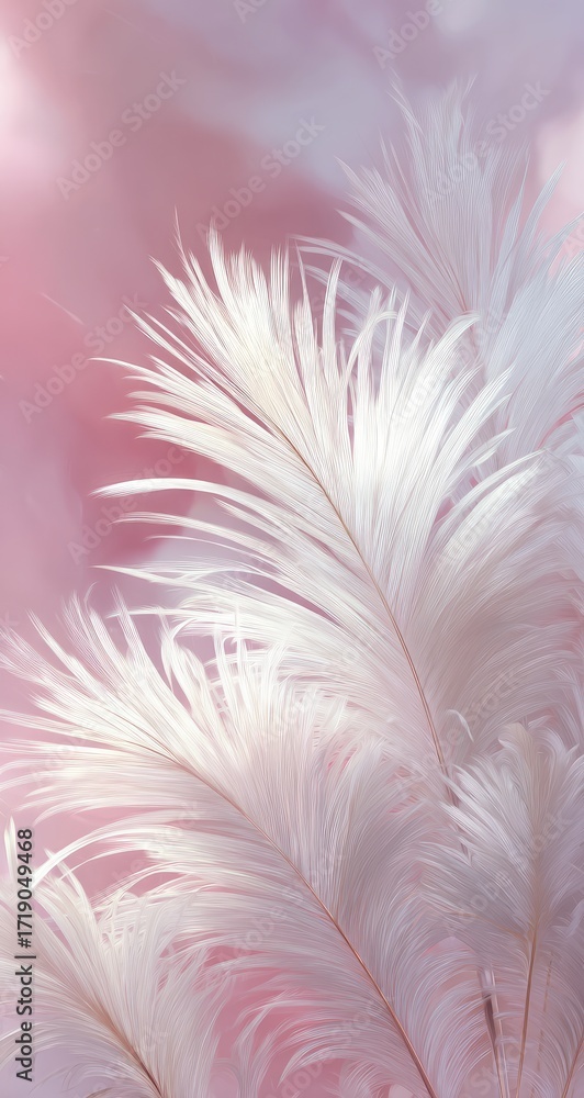 Obraz premium Close-up of delicate white feathers against a soft pink background