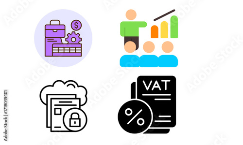 Four flat design icons representing business concepts: finance, training, data security, and VAT.