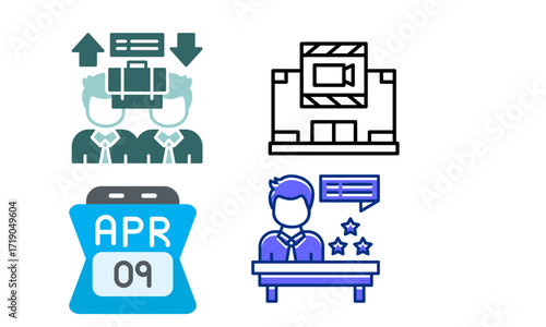 Business meetings, movie filming, event scheduling, and public speaking icons for presentations and planning