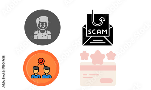 Four distinct icons illustrating concepts such as cybercrime, phishing scams, social networking, and customer loyalty programs.