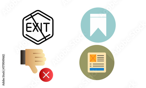 Image featuring various icons, including an exit sign with a prohibition symbol, a bookmark, a thumbs-down gesture, and a document.