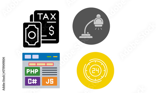 Icons representing tax, lamp, coding, and 24/7 service.