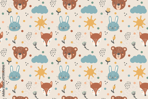 Cute forest animals, seamless pattern for babies. Fox, bear, hare, berries, clouds and sun in pastel colors on beige background. Hand drawing.
