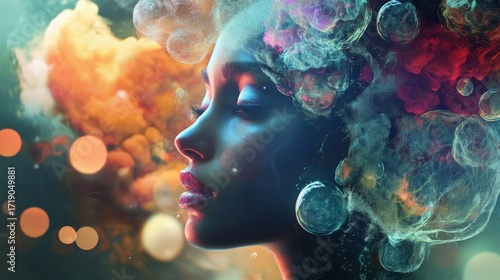 A woman's profile with colorful smoke and bubbles surrounding her head.