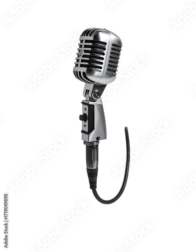 Retro silver microphone with ribbed body, angled neck, and coiled cable against black background