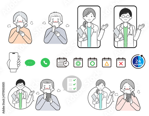 Online Medical Consultation and Telemedicine Icon Set with Sick Patients and Doctors on Video Call