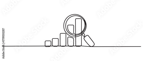 continuous line magnifying glass and bar graph business.looking icon,fast growing business. one line Icon drawing with white background