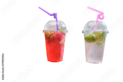 Two non-alcoholic mojitos with lime, ice, and colorful straws in plastic cups with dome lids — a vibrant summer presentation.