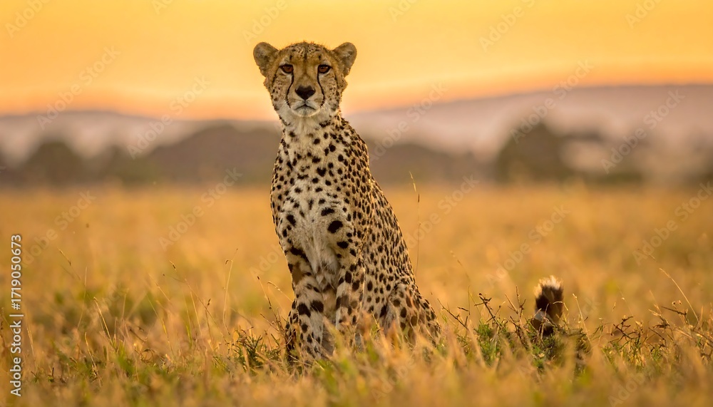 Naklejka premium Majestic Cheetah Sits Alertly in Golden African Savanna at Sunrise.