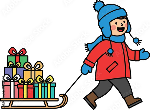 Vector art of child pulling a sleigh full of christmas gifts