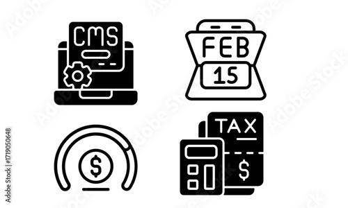A set of four black glyph icons representing business and financial concepts, including content management, deadlines, budgeting, and tax calculation.