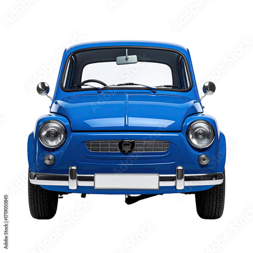 Front view of a classic, vibrant blue, small car.  The car is detailed, showing features like rounded headlights, a simple grille, and a clean, uncluttered front end