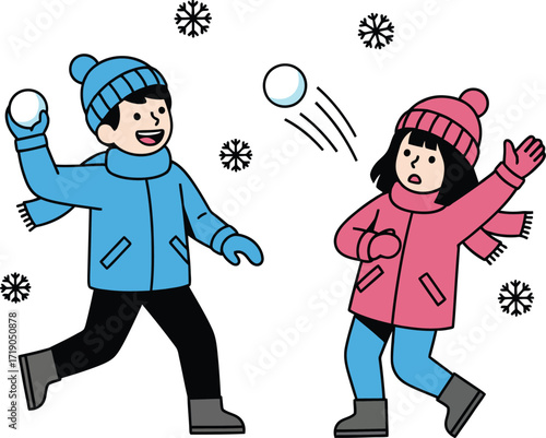 Vector art of children playing snowball fight in winter