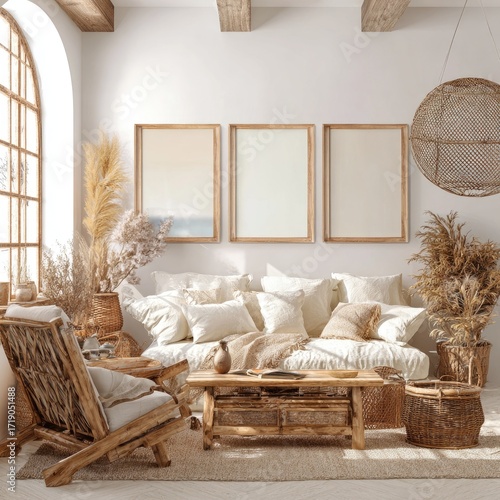 Light-filled boho living room with natural wood furniture and neutral tones