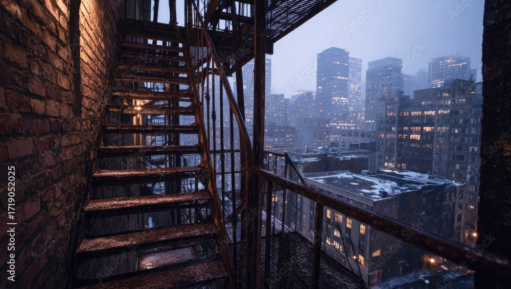 Fototapeta premium Rusty fire escape stairs leading to a city skyline at dusk, snow falling