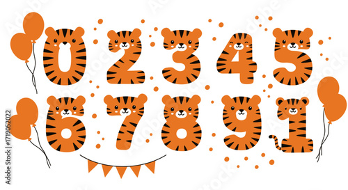 Adorable cartoon tiger-striped numbers zero through nine with cute faces, balloons, and a banner, perfect for children's birthday celebrations or educational materials, available as a vector PNG.