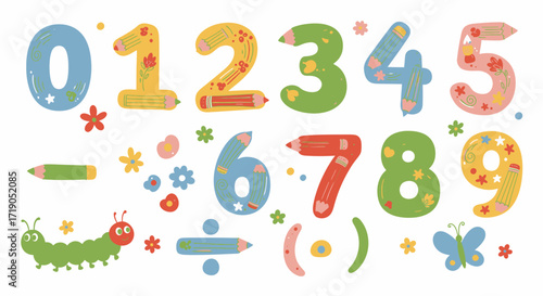 Colorful and playful vector illustration of numbers zero through nine, along with mathematical symbols and other decorative elements, perfect for educational and children's designs.