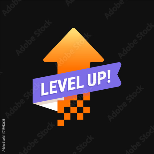 Vector arrow with Level Up! text, logo, icon, symbol of progress, upgrade, achievement, success, and motivation. Perfect for gaming, apps, esports, banners, and rewards design