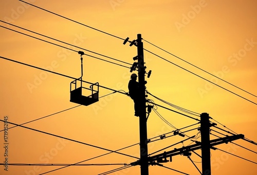 Silhouette of worker ascending power pole via cable car, repairing high voltage lines,  occupation,  repair