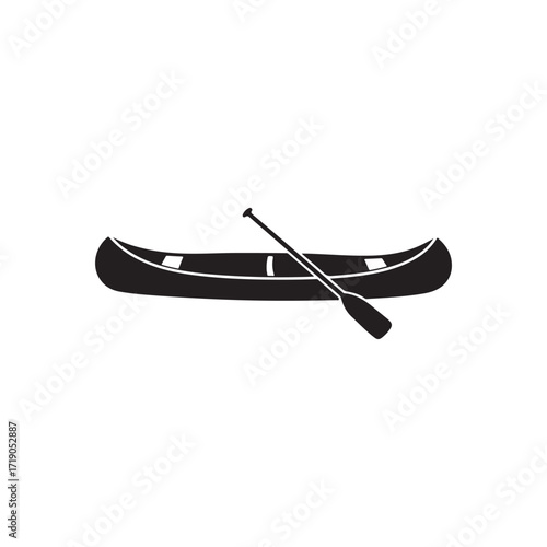 Canoe with paddle vector icon. Black Kayak silhouette. The sport of rowing. Boat symbol. Fishing, tourism, Outdoor activities.
