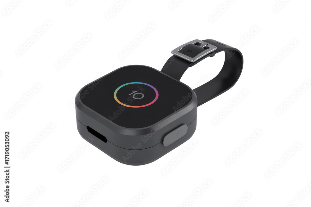Fototapeta premium A compact, portable device with a strap, displaying a circular rainbow-colored progress indicator. background removed