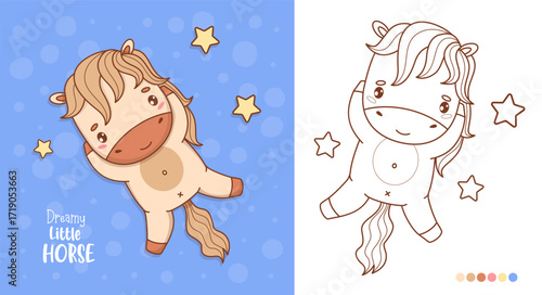 Little Dreamy Horse with Stars set. Outline Line and Color drawing, Coloring book. Isolated Cute Lying Pony Kawaii Animal. Vector illustration. Kids collection. Not AI
