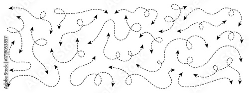 Set of double squiggle line dashed arrows. Dash curved vector editable stroke arrows