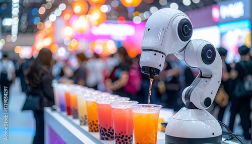 Futuristic robotic arm expertly crafts vibrant bubble tea drinks at bustling trade show, showcasing innovation in beverage service and automation.