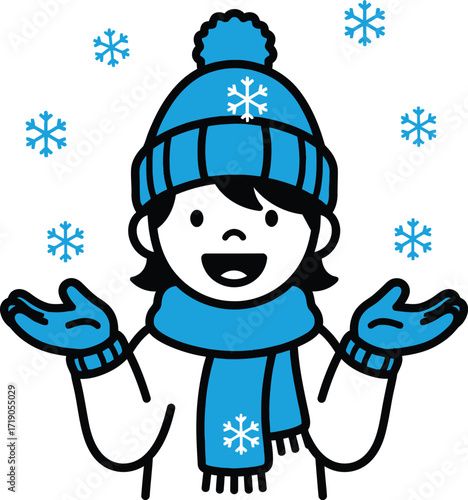 Vector art of a person in a hat and scarf enjoying snowflakes