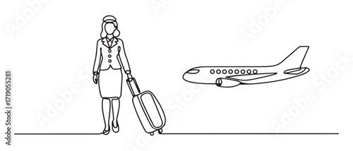 The stewardess with a suitcase goes to the plane. International Flight Attendant Day. one line Icon drawing with white background
