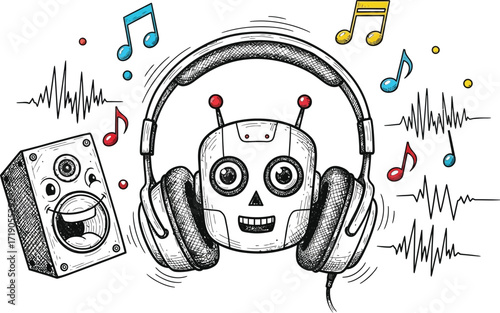 A whimsical illustration of a robot head with headphones surrounded by music notes and a smiling speaker