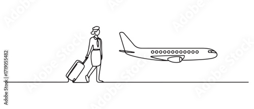 The stewardess with a suitcase goes to the plane. International Flight Attendant Day. one line Icon drawing with white background