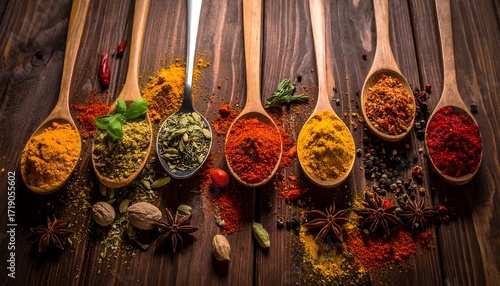 Colorful spices in wooden spoons on a rustic wooden surface