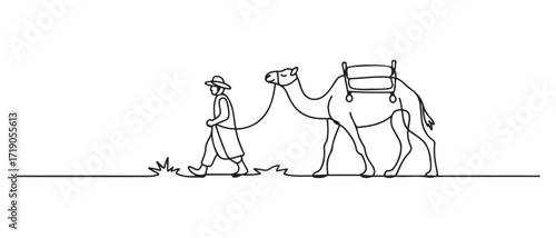 A caravaneer leads a one-humped camel through the desert. International Day of caravan. one line Icon drawing with white background