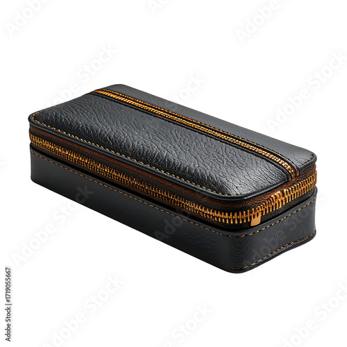 Rectangular dark-grey leather zippered case with contrasting gold zippers and stitching.  Ideal for travel or storage of small valuables