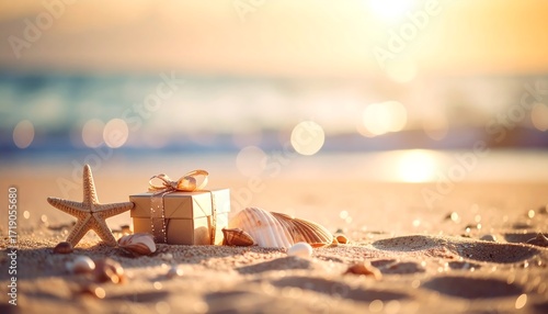 Golden gift box on beach at sunset