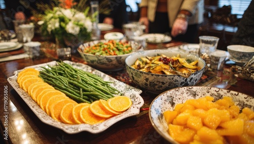 Festive table laden with diverse dishes of salad, vegetables, and fruit
