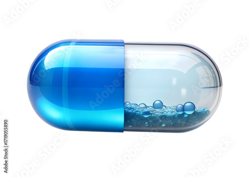 suspended glossy capsule half filled with blue water png image on transparent background