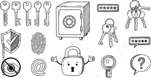 A collection of security related icons including keys safe padlock and digital security symbols shown