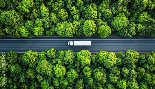 High-angle view of a white semi-truck on a road through a lush forest