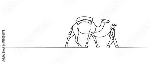 A caravaneer leads a one-humped camel through the desert. International Day of caravan. one line Icon drawing with white background