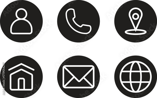 Collection of six essential contact icons for business and personal use including person phone house mail map globe