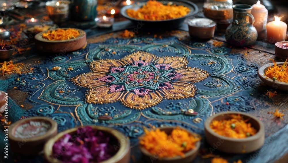 Fototapeta premium Ornate mandala on a table, surrounded by bowls of petals and candles