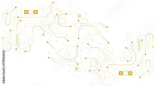 A golden background with golden circuit board lines, golden dots and yellow chips