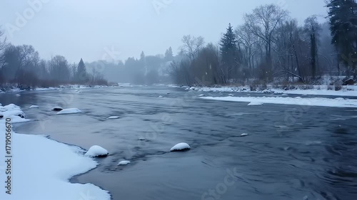 Wallpaper Mural Snowy River Landscape With Trees Along The Bank Under A Cloudy Overcast Sky Torontodigital.ca