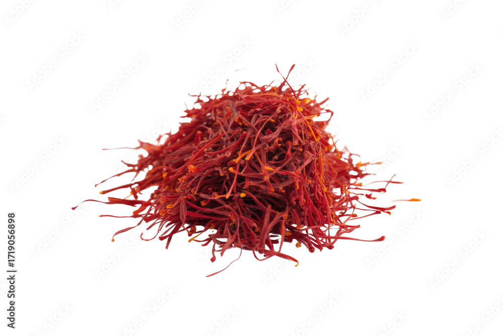 Naklejka premium A pile of dried saffron threads, a valuable spice with a rich red color and intense aroma. background removed