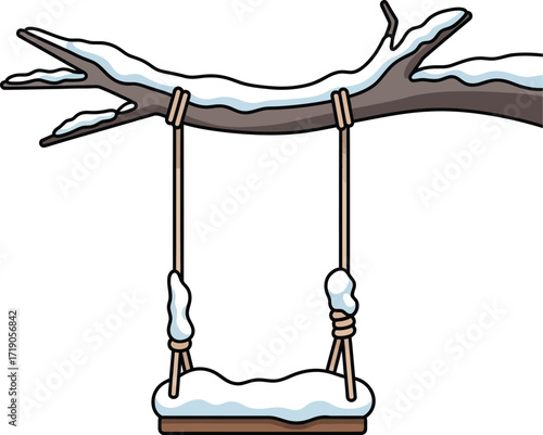 Vector art of snow covered swing hanging from a tree branch